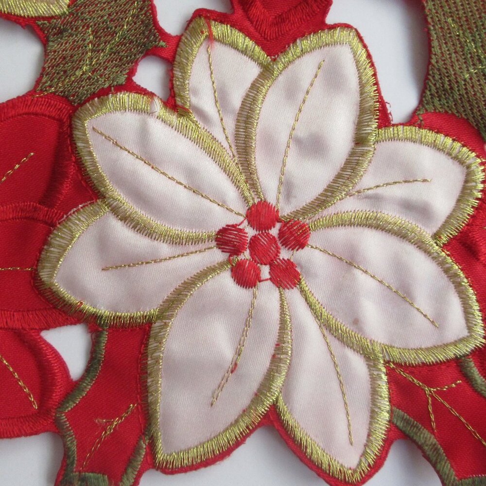 Poinsettia Satin Cut-Out Table Runner Embroidered Christmas 12" x 68" - Picture 3 of 10